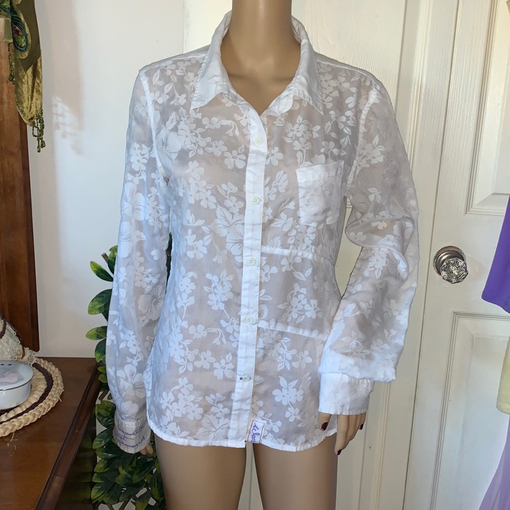 Vintage West Beach sheer white hibiscus flower button down shirt blouse top M